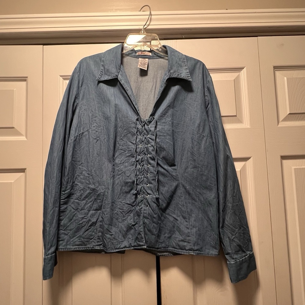 Vintage Faded Glory Jean Denim Chambray Cotton Lace Up Long Sleeve Blouse Sz XL